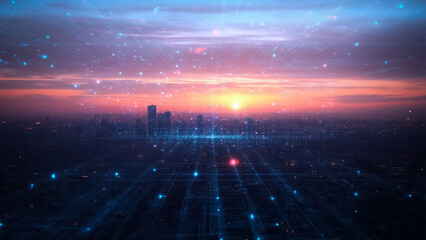 Obraz premium A digitally enhanced cityscape under a vibrant sunset, where networks of light span across the buildings, representing smart city advancements and digital connectivity.