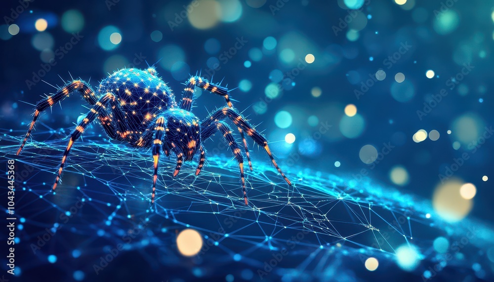 Poster A Digital Spider Adorned with Network Lines and Glowing Nodes on a Blue Web