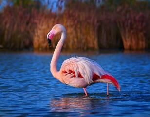 two flamingos are resting in the water