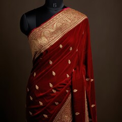 Burgundy Velvet Saree With Golden Embroidered Border