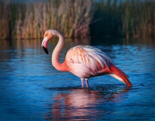 two flamingos are resting in the water