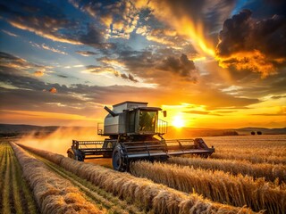 Fototapeta premium The harvester, a silhouette, bathed in golden sunset.