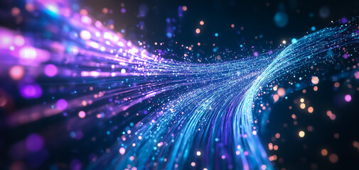 Fototapeta premium A mesmerizing close-up of fiber optic cables, radiating with blue and purple lights, illustrating the rapid transmission of information through a network, embodying the essence of modern connectivity.
