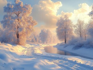 winter landscape with snow-covered trees, blanketed in white, emanating tranquility and serenity during a peaceful winter day