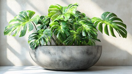 Fototapeta premium Monstera Plant in Textured Gray Concrete Pot