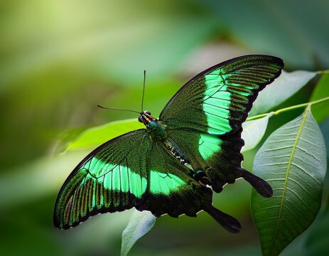 Butterfly Green swallowtail butterfly, Papilio  palinurus in a rainforest - Powered by Adobe