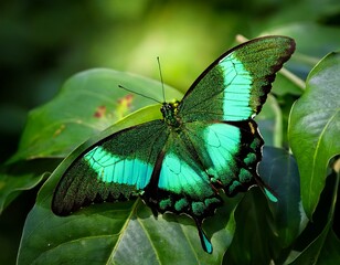Butterfly Green swallowtail butterfly, Papilio  palinurus in a rainforest