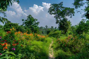 Obraz premium Jharkhand's Vibrant Nature: A Tranquil Journey Through Verdant Greenery and Blooming Colors