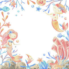 Fototapeta premium Mermaid little boy and girl with sea corals, algae, shells, starfish, fish, bubbles. Watercolor illustration hand drawn in coral, turquoise and blue colors. Square frame template