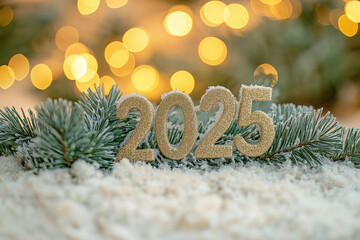 
little letters "2025" made from christmas trees spruce branches. spruce branches are soft and fluffy, covered with snow, atmospheric spruce needles are long and short, natural, over festive blurred