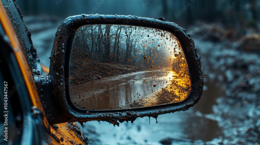 Poster a rain-soaked side mirror captures the shimmering sunset along a muddy trail, framed by bare trees a