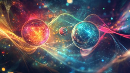 An artistic interpretation of quantum superposition with a swirling vortex of light and color representing different potential states of a particle