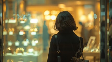 Naklejka premium A woman clad in a fashionable outfit admires a display window back facing the camera. exudes confidence and sophistication . .