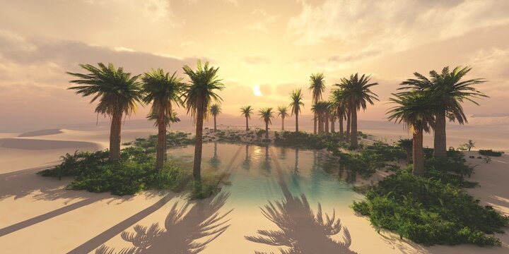 Oasis in the desert sand. Palm trees and a lake. 3d rendering.
