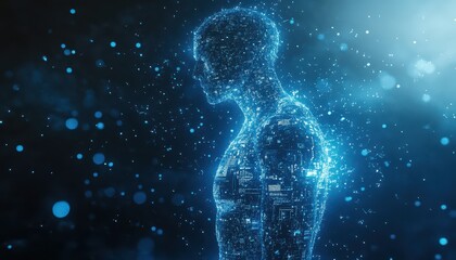 Digital Human Form Constructed From Blue Particles