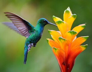 Obraz premium Green hummingbird Green-crowned Brilliant, Heliodoxa jacula, from Costa Rica flying next 