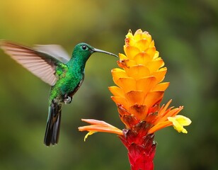 Fototapeta premium Green hummingbird Green-crowned Brilliant, Heliodoxa jacula, from Costa Rica flying next 