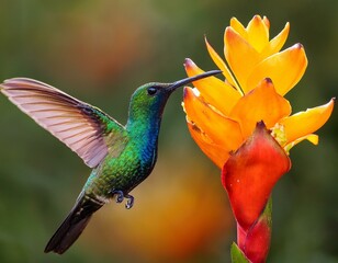 Fototapeta premium Green hummingbird Green-crowned Brilliant, Heliodoxa jacula, from Costa Rica flying next 