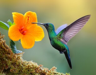 Fototapeta premium Green hummingbird Green-crowned Brilliant, Heliodoxa jacula, from Costa Rica flying next 