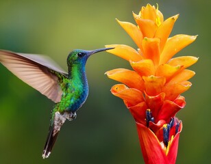 Fototapeta premium Green hummingbird Green-crowned Brilliant, Heliodoxa jacula, from Costa Rica flying next 