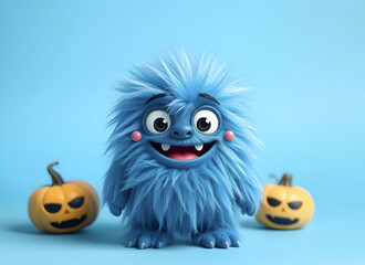Fototapeta premium A cheerful fluffy blue monster on a bright blue background. A joyful and fluffy little weirdo. A charming yeti. A Halloween character.
