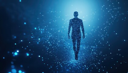 Naklejka premium A Digital Silhouette of a Human Walking Through a Network of Connections