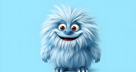 Fototapeta premium A cheerful fluffy blue monster on a bright blue background. A joyful and fluffy little weirdo. A charming yeti. A Halloween character.