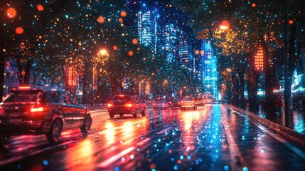 Obraz premium Futuristic Cityscape with Holographic Elements at Night