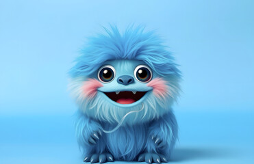 Obraz premium A cheerful fluffy blue monster on a bright blue background. A joyful and fluffy little weirdo. A charming yeti. A Halloween character.