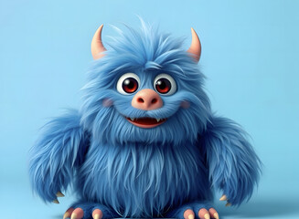 Obraz premium A cheerful fluffy blue monster on a bright blue background. A joyful and fluffy little weirdo. A charming yeti. A Halloween character.
