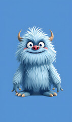 Fototapeta premium A cheerful fluffy blue monster on a bright blue background. A joyful and fluffy little weirdo. A charming yeti. A Halloween character.