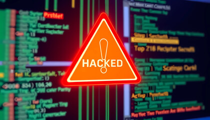 Cyber security alert concept. System hacked warning alert due to hacker attack on computer network. Internet virus cybersecurity and cybercrime, created with generative ai