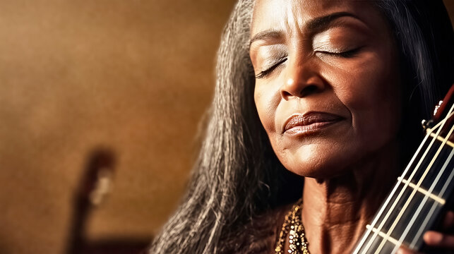 Senior black woman playing acoustic guitar with eyes closed