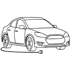 Fototapeta premium Outline drawing of an electric car with a charging cable in a modern style