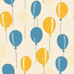 Vintage Sky Blue and Yellow big Balloon pattern on vintage beige fabric background, seamless repeating pattern, textile print style, minimal, cheerful balloon design, summer decor, textiles