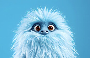 Obraz premium A cheerful fluffy blue monster on a bright blue background. A joyful and fluffy little weirdo. A charming yeti. A Halloween character.