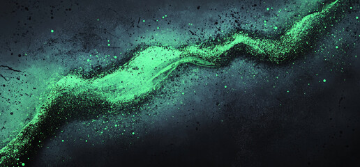 Abstract gradient background with grainy texture, featuring vibrant green wave against dark backdrop. This visually striking image evokes sense of depth and movement