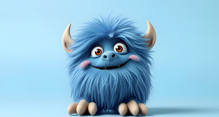 Fototapeta premium A cheerful fluffy blue monster on a bright blue background. A joyful and fluffy little weirdo. A charming yeti. A Halloween character.