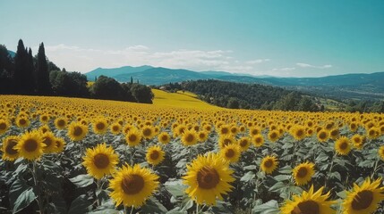 Obraz premium A vast field of vibrant yellow sunflowers stretches towards rolling hills under a bright blue sky.