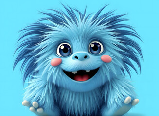 Fototapeta premium A cheerful fluffy blue monster on a bright blue background. A joyful and fluffy little weirdo. A charming yeti. A Halloween character.
