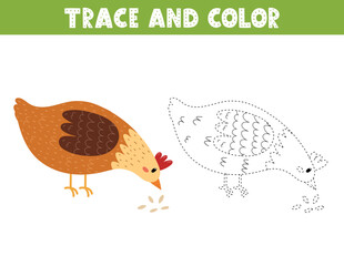 Trace and color game for kids with a cute hen. Activity page with a funny farm character. Great for coloring book. Vector illustration