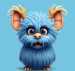 Fototapeta premium A cheerful fluffy blue monster on a bright blue background. A joyful and fluffy little weirdo. A charming yeti. A Halloween character.