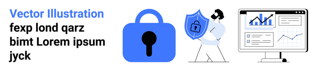 A large lock symbol alongside a figure holding a shield and a computer screen displaying graphs. Ideal for technology, cybersecurity, data protection, online security, and analytics. Banner