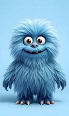 Fototapeta premium A cheerful fluffy blue monster on a bright blue background. A joyful and fluffy little weirdo. A charming yeti. A Halloween character.