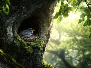 A serene moment of a bird sitting in its nest within a tree hollow, surrounded by lush green foliage and soft sunlight filtering through.