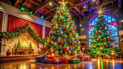 Fototapeta premium Festive Christmas Program Celebration with Decorations and Lights in a Panoramic Setting