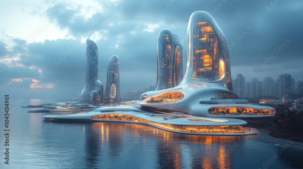 Poster The image captures a stunning waterfront view of futuristic architecture during dusk. Brightly lit structures shape the skyline, embodying modern design.