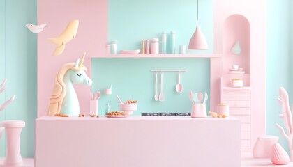 Wide-angle view of a whimsical unicorn and a graceful mermaid exchanging culinary secrets