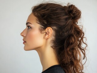 Fototapeta premium Side Profile of Woman with Long Curly Hair