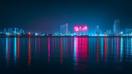 A picturesque view of fireworks erupting over the famous Pattaya Bay, creating a stunning visual spectacle for onlookers